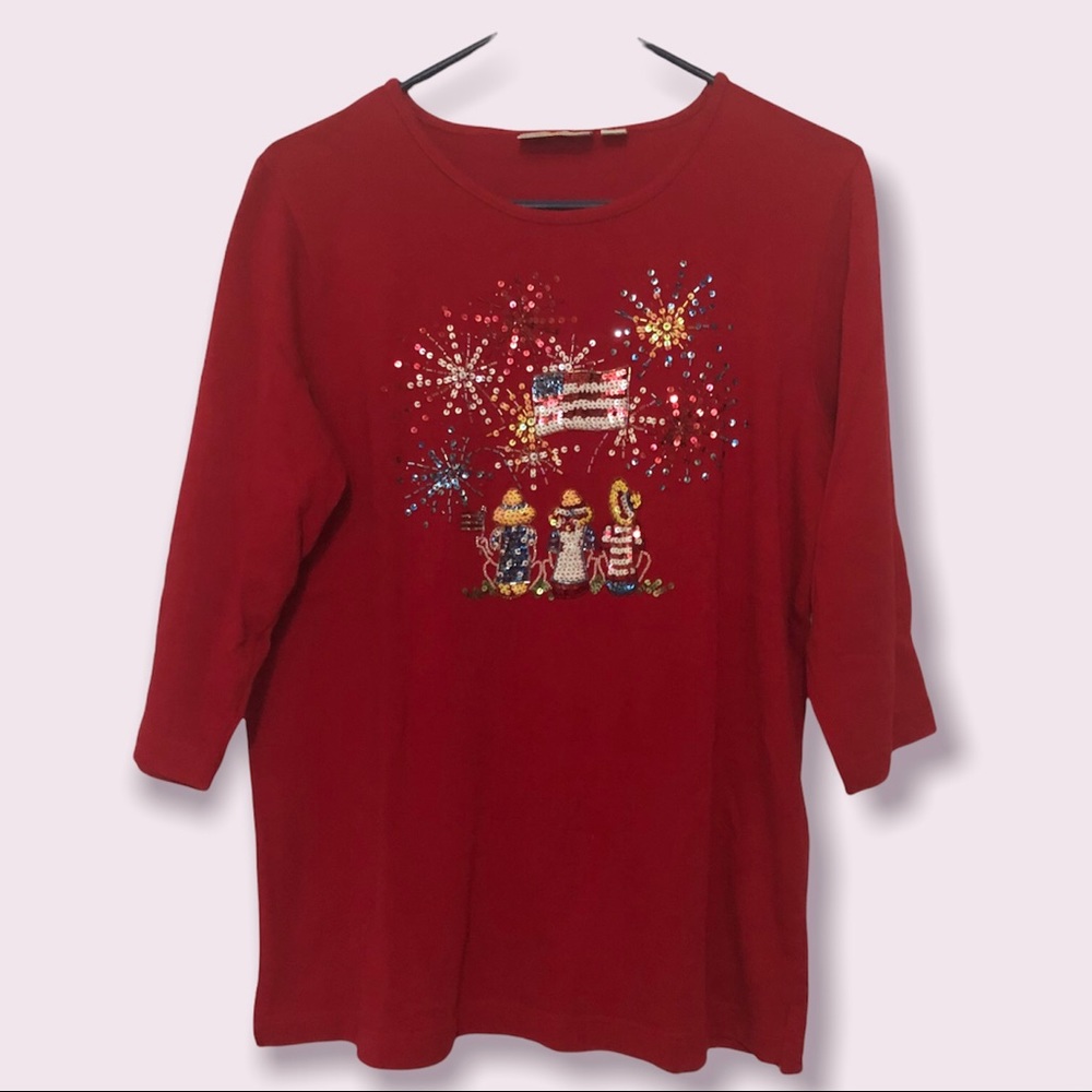 Quacker Factory 4 of July Red Women 100% Cotton Sequins embroidered 3/4 sleeve M
